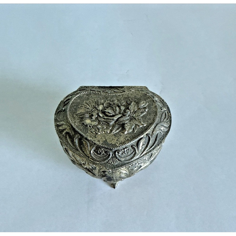 Ornate Vintage Footed Heart Trinket Box Red Velvet Floral Design Japan